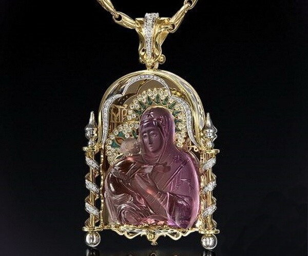 Подвеска «Образ Богоматери Владимирской». Желтое и белое золото, бриллианты, эмаль, камея на аметисте К. Пузаков (Украина).