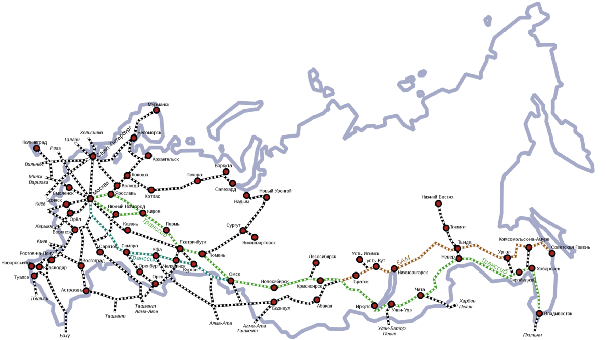 © Kirill Borisenko / Wikimedia Commons / CC BY-SA 4.0 (Наиболее важные железнодорожные линии России)