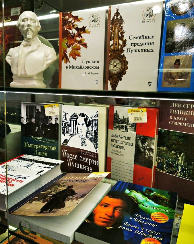Книги в витрине сувенирного магазина музея Пушкина