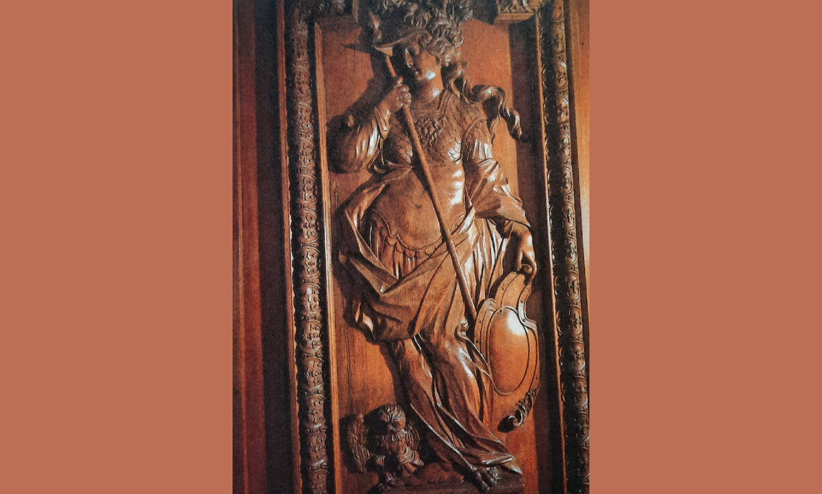 А. Шлютер. Минерва. Резное панно в вестибюле 1 этажа Летнего дворца Петра I . 1710е годы. Дуб, резьба. 252х88. Санкт-Петербург