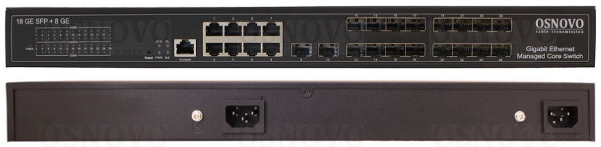 Рисунок 1. Внешний вид управляемого L2+ Ethernet коммутатора OSNOVO SW-70818/L2 с двумя БП 
