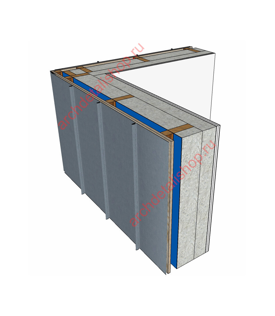 Энергоэффективная деревянная каркасная стена, внешний угол, 3Д вид