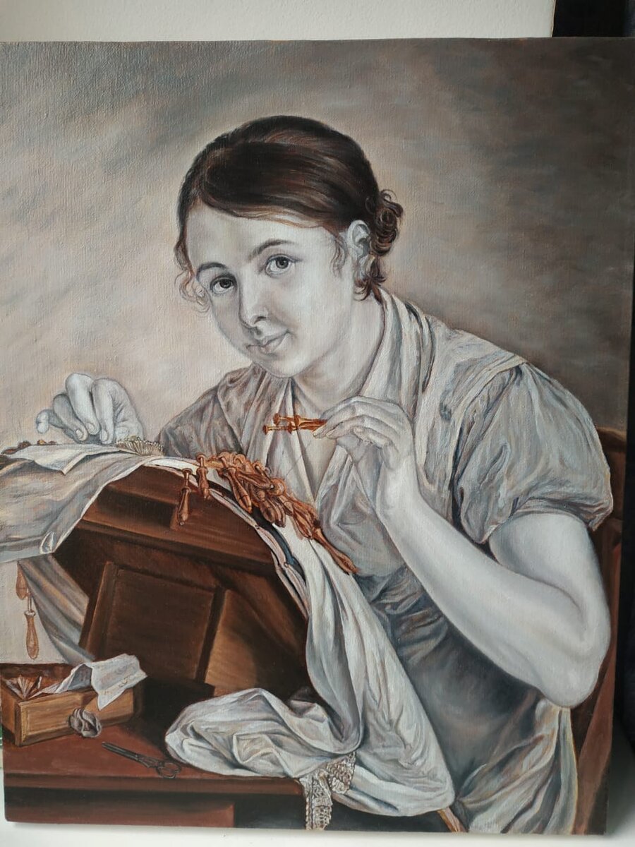 Василий Тропинин. Кружевница. Промежуточный этап работы над копией. Мертвый слой.