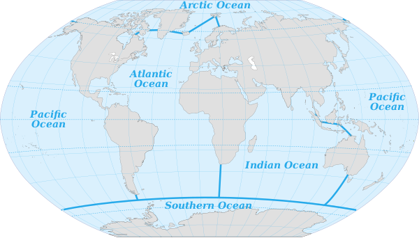 Public domain, via Wikimedia Commons. Pinpin, World map of oceans.