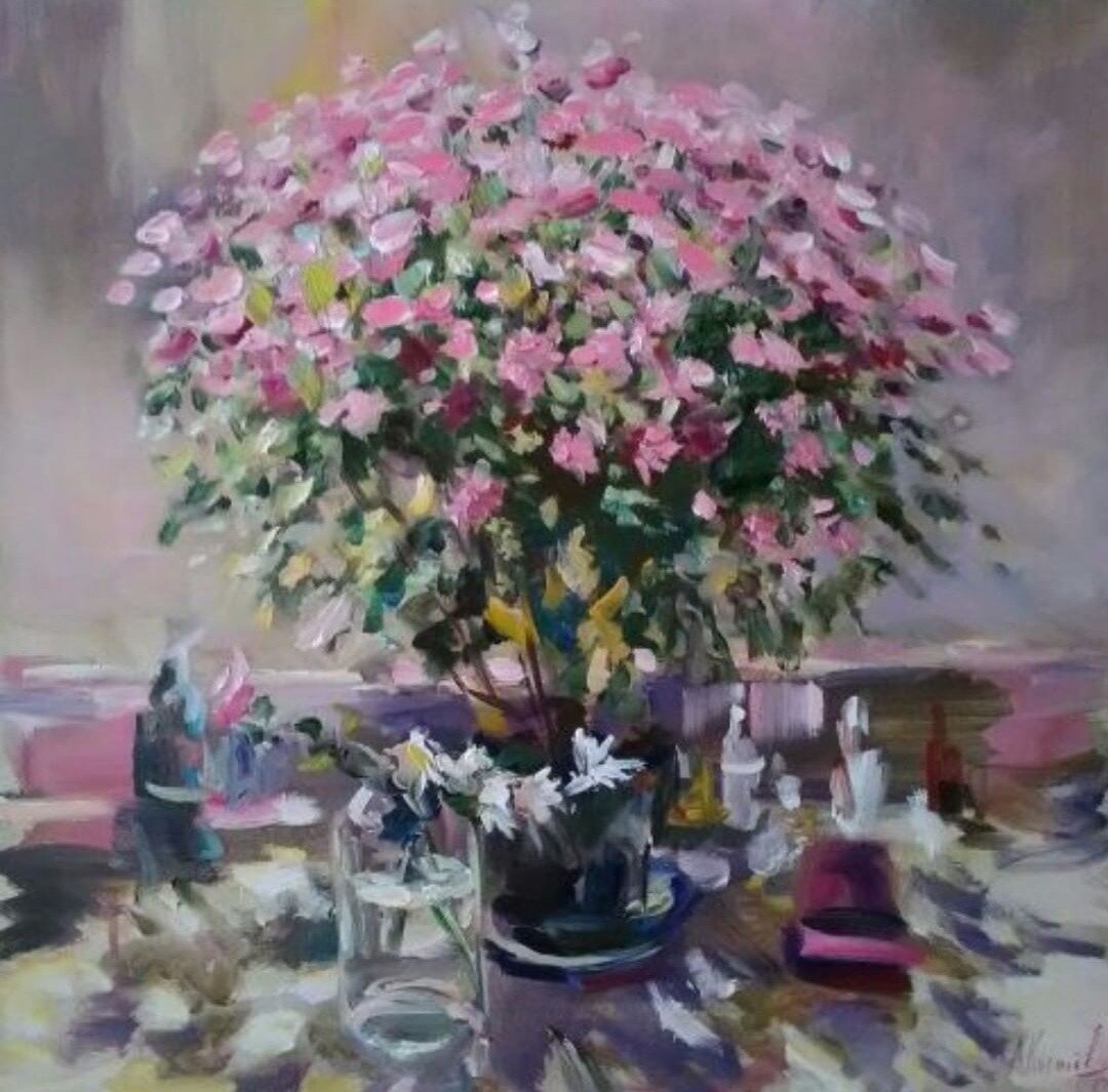 Розовые хризантемы. х.м. 50х60. 2017 год