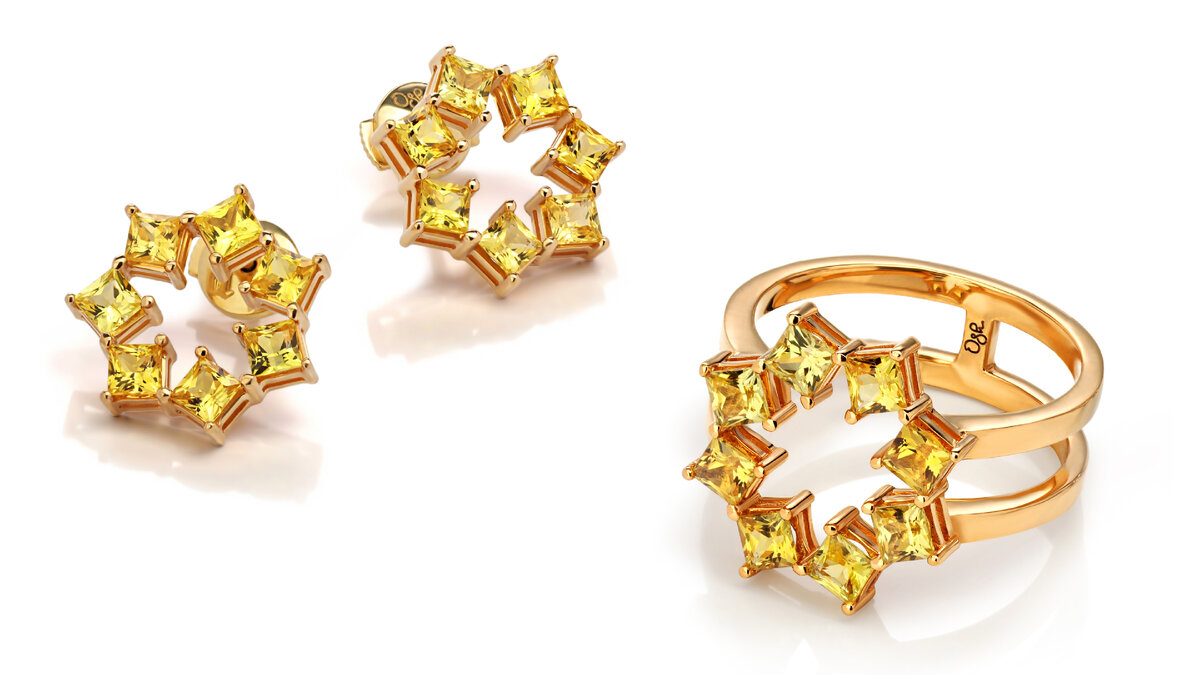 Пусеты и кольцо SIDERA с желтыми сапфирами, OLGA SHATROVA.