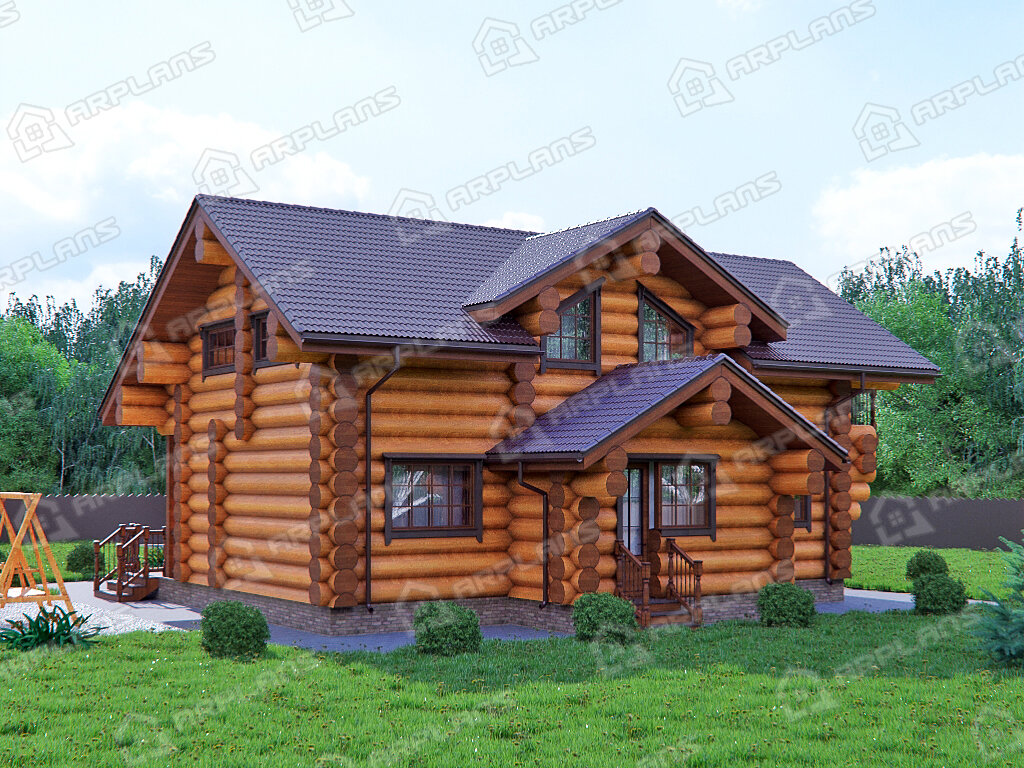 Фото 2 деревянного двухэтажного дома из бревна с мансардой, 3 спальней, балконом, гостевой, вторым светом, газовой котельной и террасой. Общая площадь 192 кв м. Источник arplans.ru Проект ДО-104