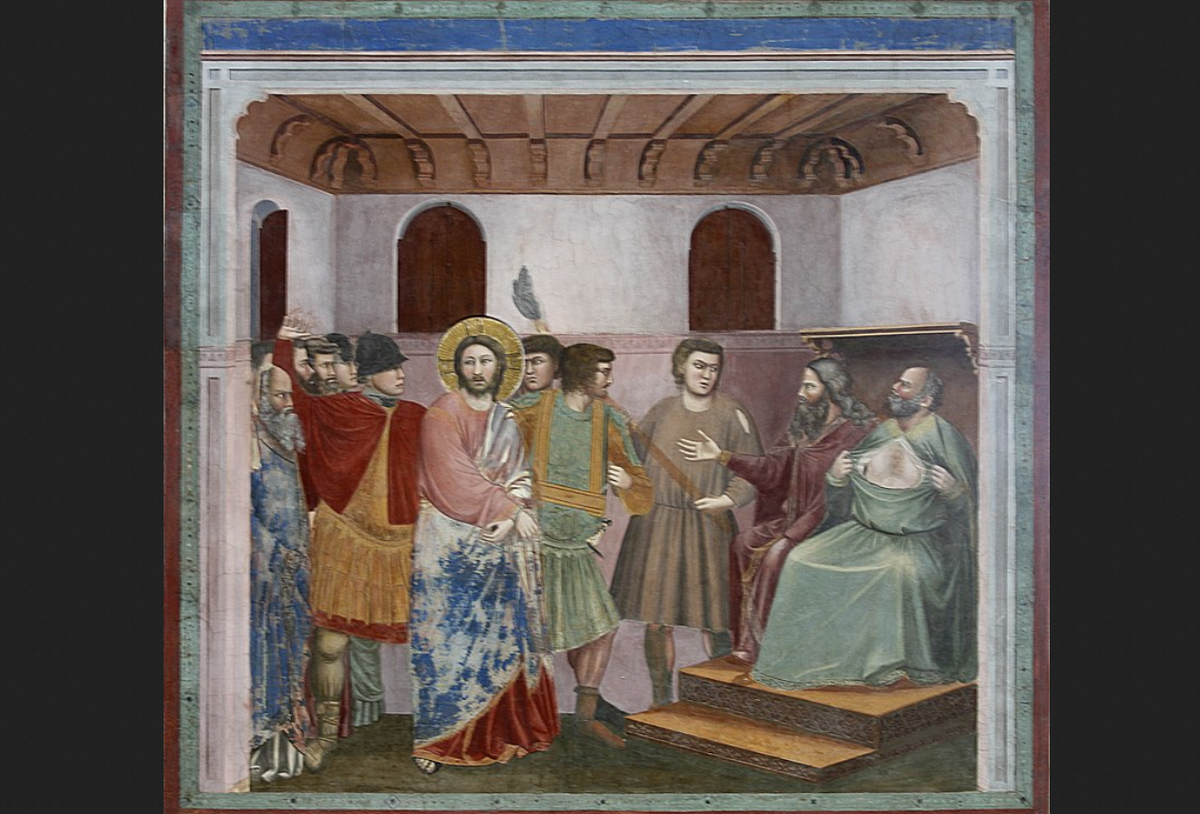 Джотто. "Христос перед Каиафой", фреска в капелле Скровеньи, ок.1305 года.