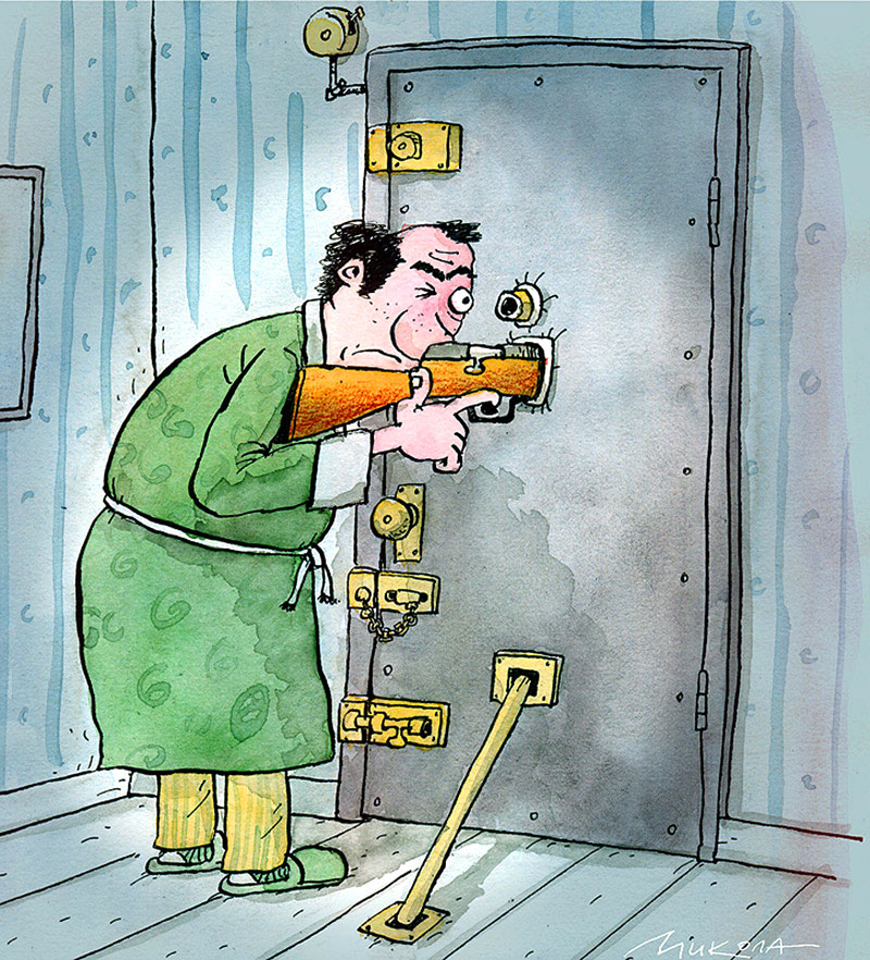Соседи карикатура. Карикатура на входную дверь. Ломится в дверь карикатура. Двери юмор. Видишь дома нет никто