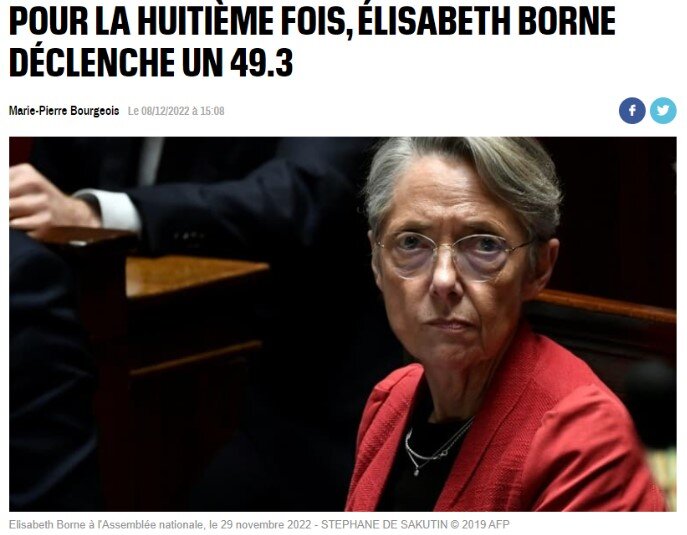 Восьмой раз премьер-министр Элизабет Борн применяет статью 49.3