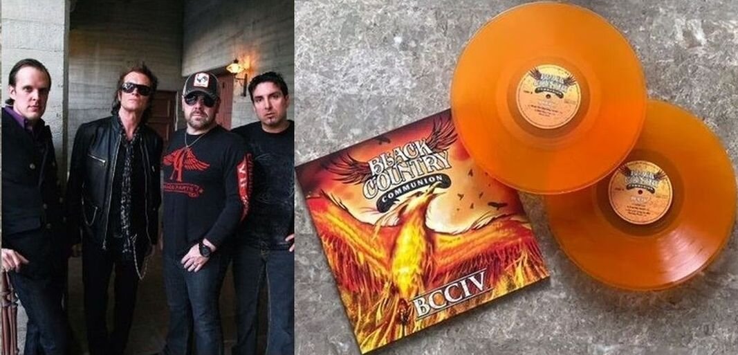 Состав группы Black Country Communion, слева направо - Бонамасса, Хьюз, Бонэм и Шеринян. Рядом - виниловый выпуск альбома "BCCIV", 2017 г.