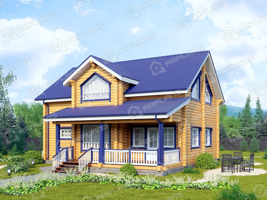 Фото 2 двухэтажного дома из бруса с мансардой, 3 спальнями, гостевой, газовой котельной и террасой. Общая площадь 176 кв м. Источник arplans.ru Проект ДС-119