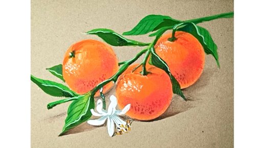 🍊🍊🍊Ветка с мандаринами. Рисунок гуашью при помощи кисти-губки. 🌿🌿🌿