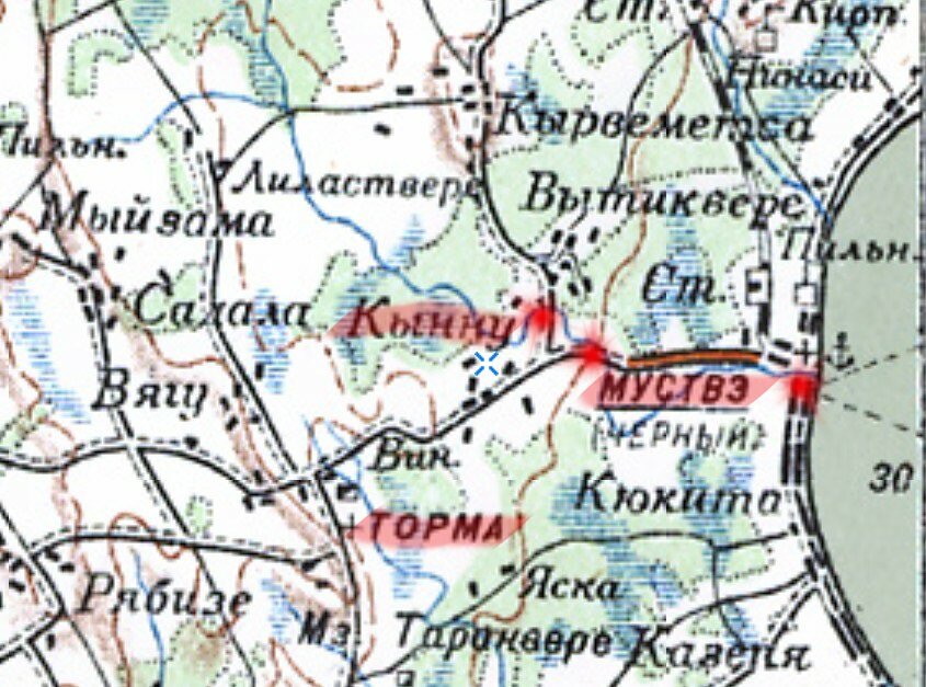 Места подрывов и н.пункты указанные в ЖБД. Схема автора, основа карта РККА.