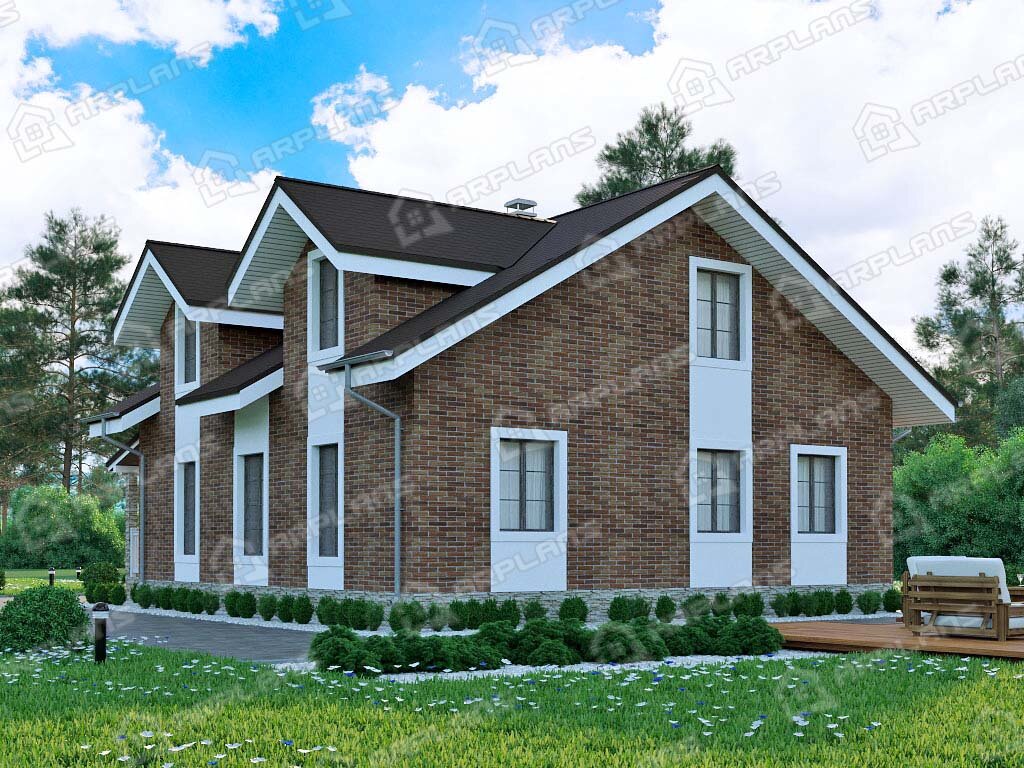 Фото 2 двухэтажного дома из блоков с мансардой, 4 спальнями, газовой котельной, гаражом и террасой. Общая площадь 209 кв м. Источник arplans.ru Проект К-271