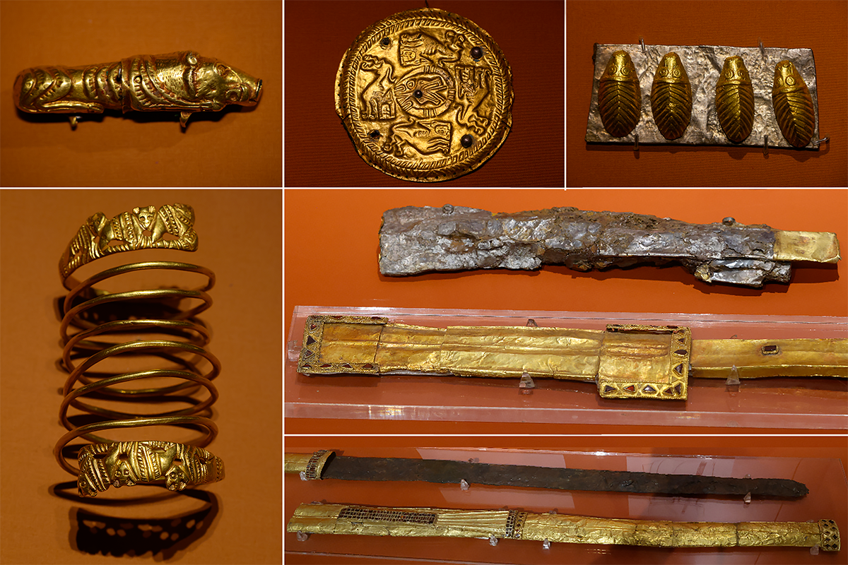 Верхний ряд, слева направо — кулон в виде фигуры лежащего кабана; фалар с фризом из фигур хищных зверей вокруг изображения дракона; стилизованные изображения ежей на серебряных пластинах. Нижний ряд, слева — браслет с зооморфными окончаниями. Институт истории и археологии РСО-Алания. Нижний ряд, справа, сверху вниз — кинжал и ножны; меч и ножны. Государственный музей Востока 
Фото: Петр Ковалев/ТАСС  