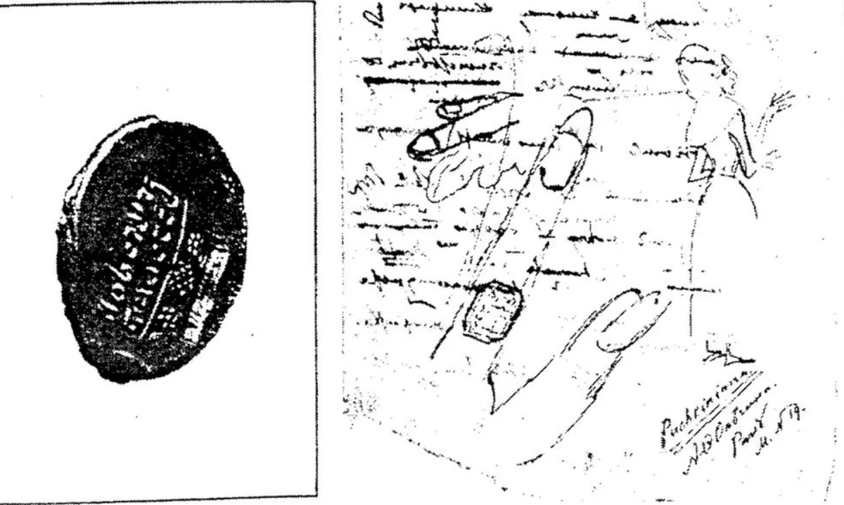 Оттиск печатки перстня и рисунок Пушкина.