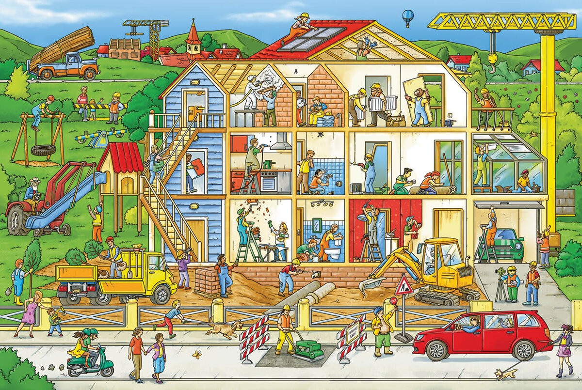 Сюжетная картинка дом. Виммельбух Макс Вальтер. Виммельбух детский сад Макс Вальтер. Виммельбух стройка. Рядом стройка виммельбух.