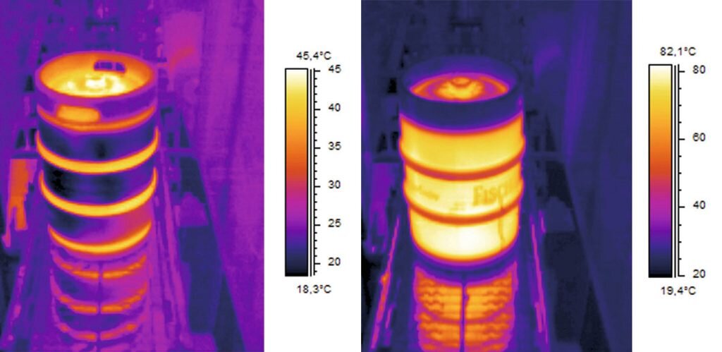 Термографические изображения пивных кегов иллюстрируют характерную температурную разницу: слева кег наполнен пивом, справа — щелочным моющим раствором.