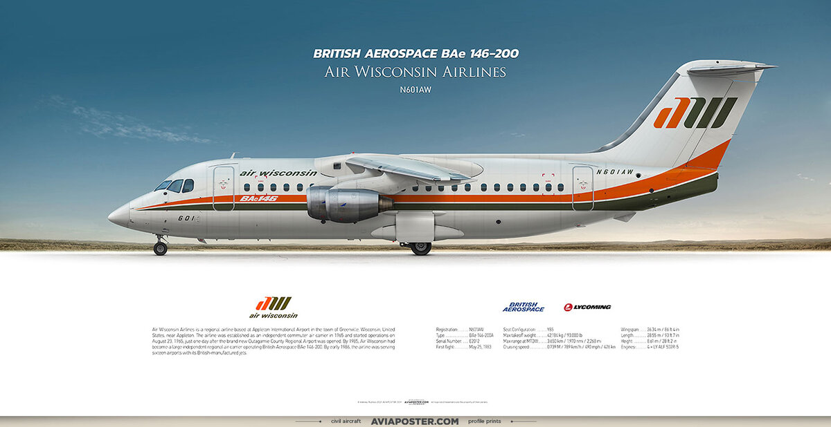 BAe 146-200 Air Wisconsin N601AW. Иллюстрация aviaposter.com