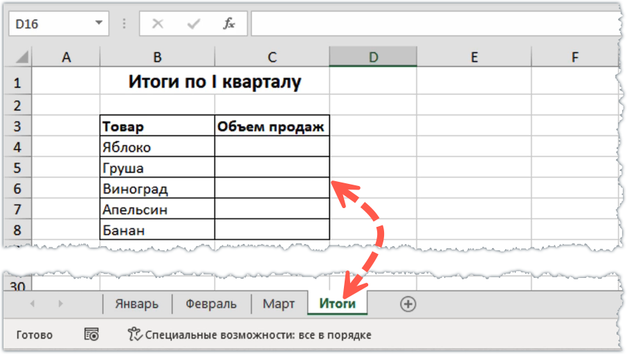 Таблица с объемами продаж за квартал