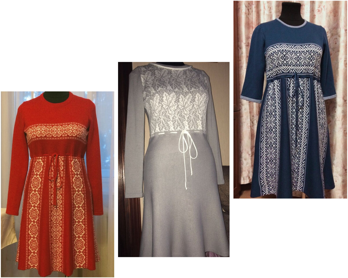 Орнамент на красном и синем платье сочиняла сама, на сером - из интернета нашла.