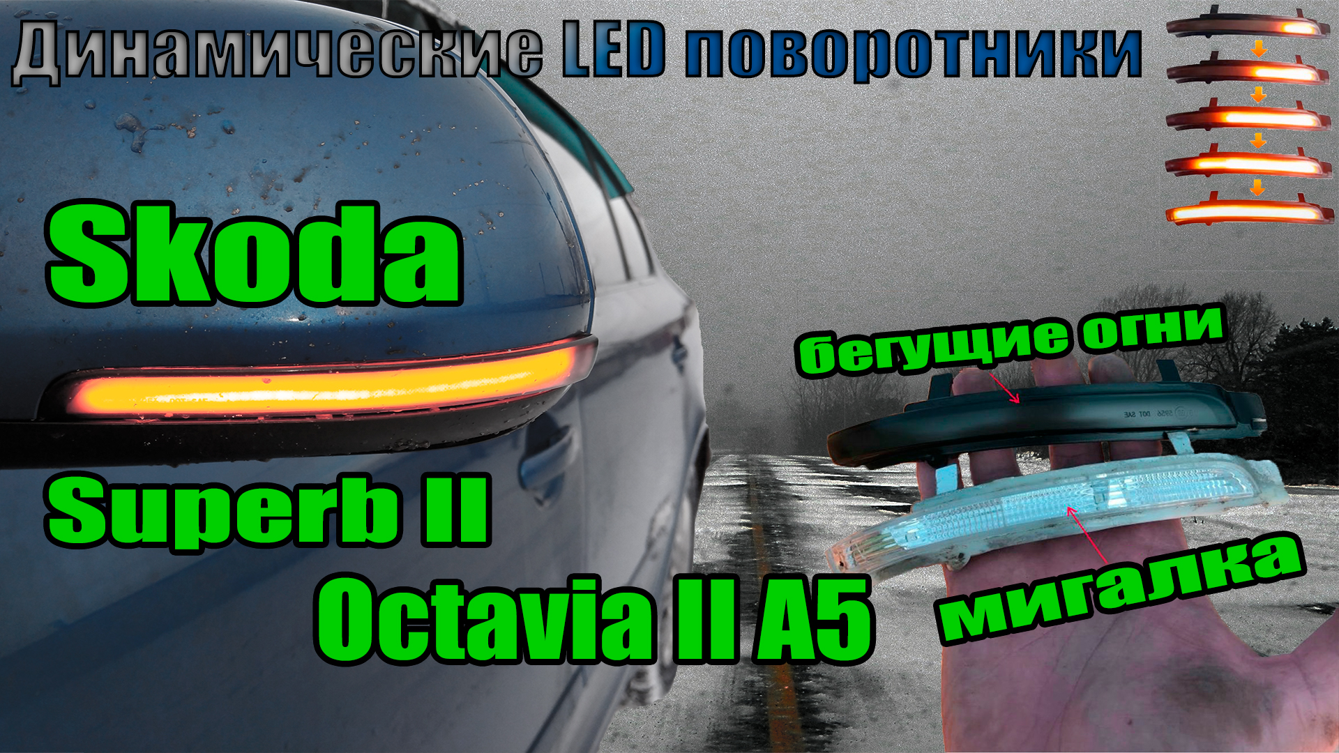 динамические led поворотники в зеркала обзор для Skoda Octavia 2 A5 SuperB  B6 3T