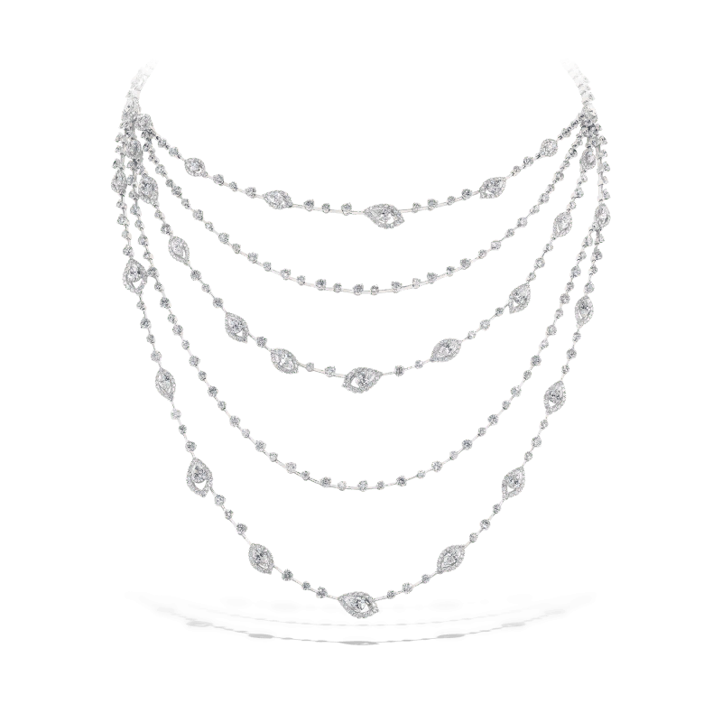 Ожерелье Le Jardin из полевых цветов из 18-каратного золота с пятью круглыми бриллиантовыми цепочками уникального дизайна, элегантно уложенными слоями разной длины. Лепестки бриллиантов грушевидной формы и маркизы,