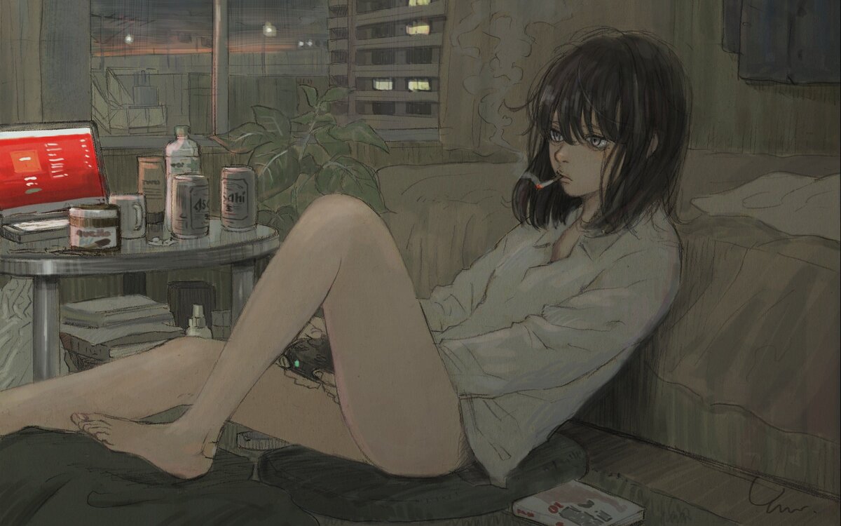 девка отдыхает после смены на заводе