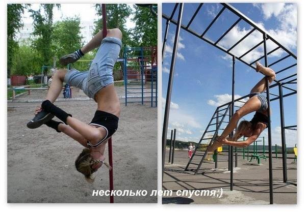 Фото слева - мои первые шаги в воздушной гимнастике (2010 год) Фото справа - 4 года спустя (2014 год)
