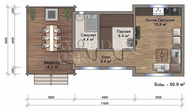 Скандинавская баня с зоной барбекю, кухней-гостиной и большими окнами ...