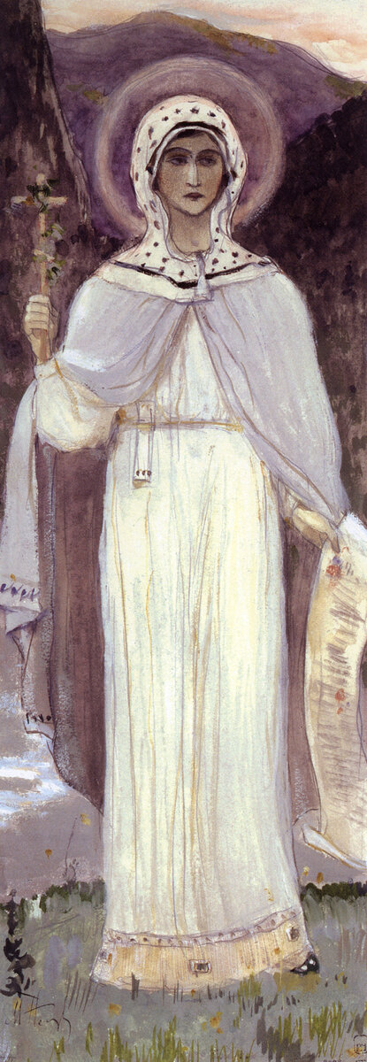 Михаил Нестеров «Равноапостольная Нина», 1899-1900, эскиз на картоне для пилона церкви св.Александра Невского, бумага на картоне, графитный карандаш, гуашь, акварель, Государственный Русский музей, С.-Петербург