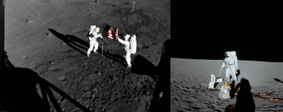 Стилизованные фото с сайта НАСА левое фото https://www.nasa.gov/feature/50-years-ago-apollo-astronauts-land-take-first-us-steps-on-moon правое фото https://www.nasa.gov/sites/default/files/images/257665main_as12-47-6919_full.jpg