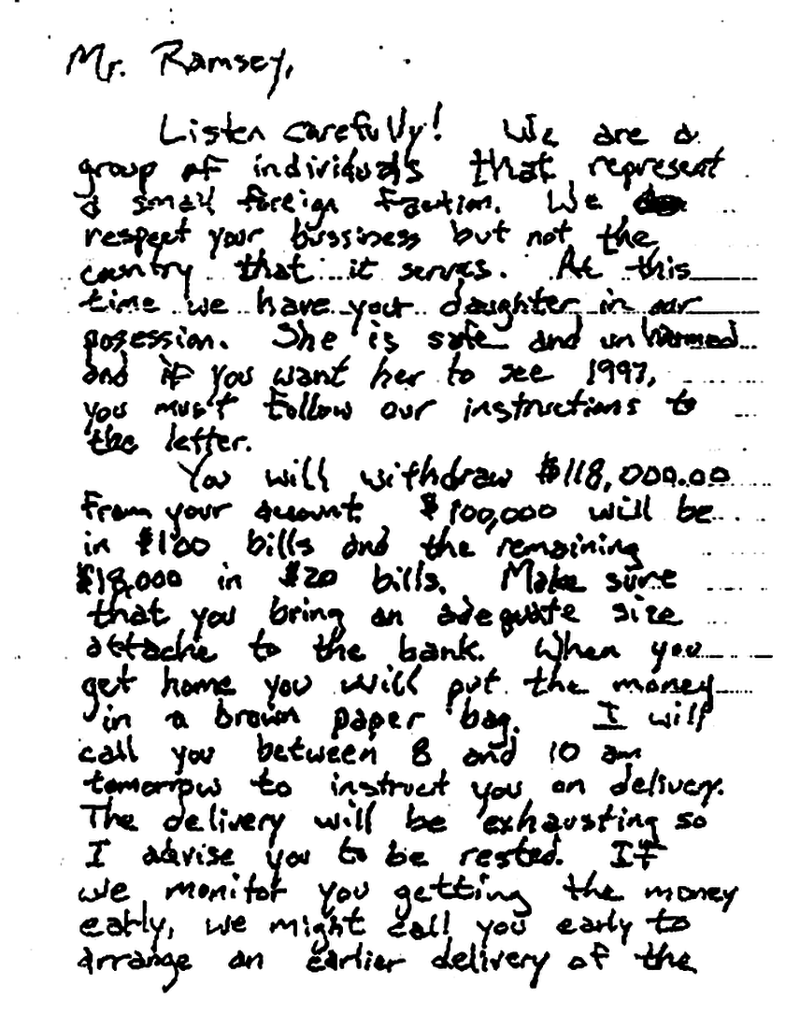 Фрагмент письма похитителей, оставленного на лестнице в доме Рэмси