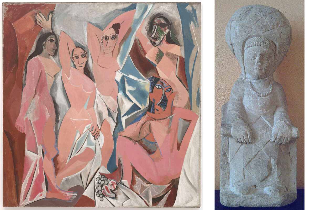 «Авиньонские девицы» Пабло Пикассо 1907 год. Местоположение: Нью-Йоркский музей современного искусства (слева), Иберийская скульптура. Местоположение: Национальный археологический музей Испании (слева)