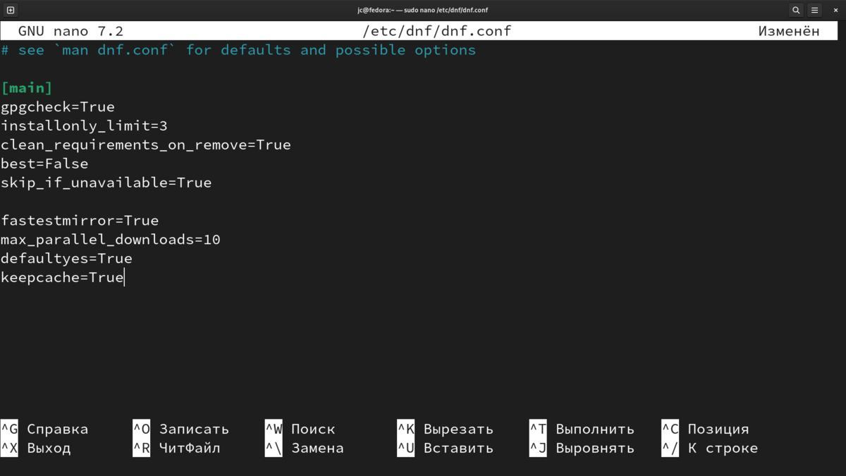 Изменяем настройки менеджера пакетов DNF