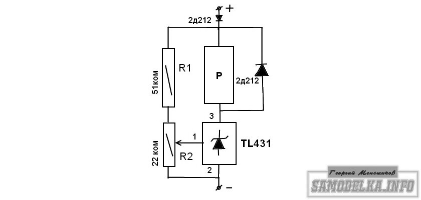  Нагрузка микросхемы – реле с сопротивлением обмотки 280 Ом.
Допустимый ток микросхемы – 100 МА, поэтому сопротивление обмотки реле при напряжении 14….16 вольт должно быть, по крайней мере, не меньше 150 Ом.

Работа устройства
Напряжение на управляющем электроде 1 микросхемы задается делителем R1, R2. Когда на выводе 1 напряжение больше 2,5 вольт микросхема открыта. Меньше 2,5 вольт – закрыта. Регулируя R2 можно добиться включения микросхемы при заданном напряжении U. Делитель не обязательно должен быть тех номиналов, которые указаны на схеме. Их можно выбрать из соотношения

R2/R1=2,5/ (U-2,5)