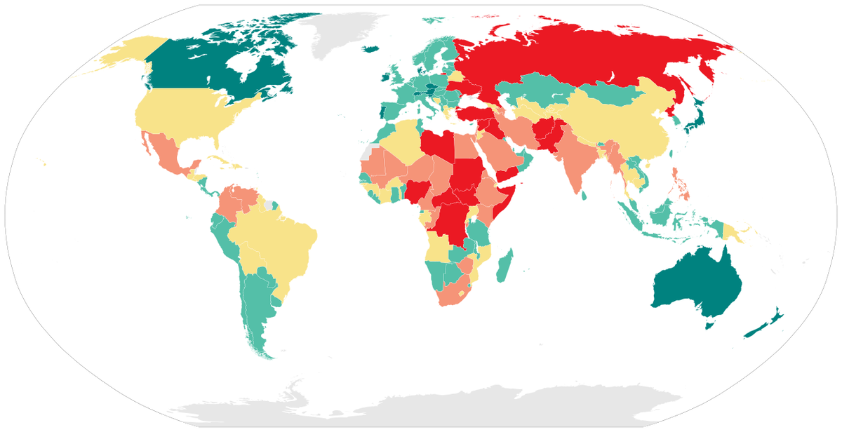 Мировая карта Global Peace Index по состоянию на 2018 год. Страны, отмеченные темно-зелёным цветом, оценены как более миролюбивые. Фото wikipedia.org