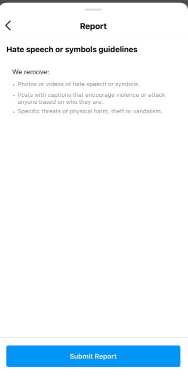 Выберите причину для отчетности. Скриншот: Instagram

Затем отправьте свой отчет. Скриншот: Instagram
