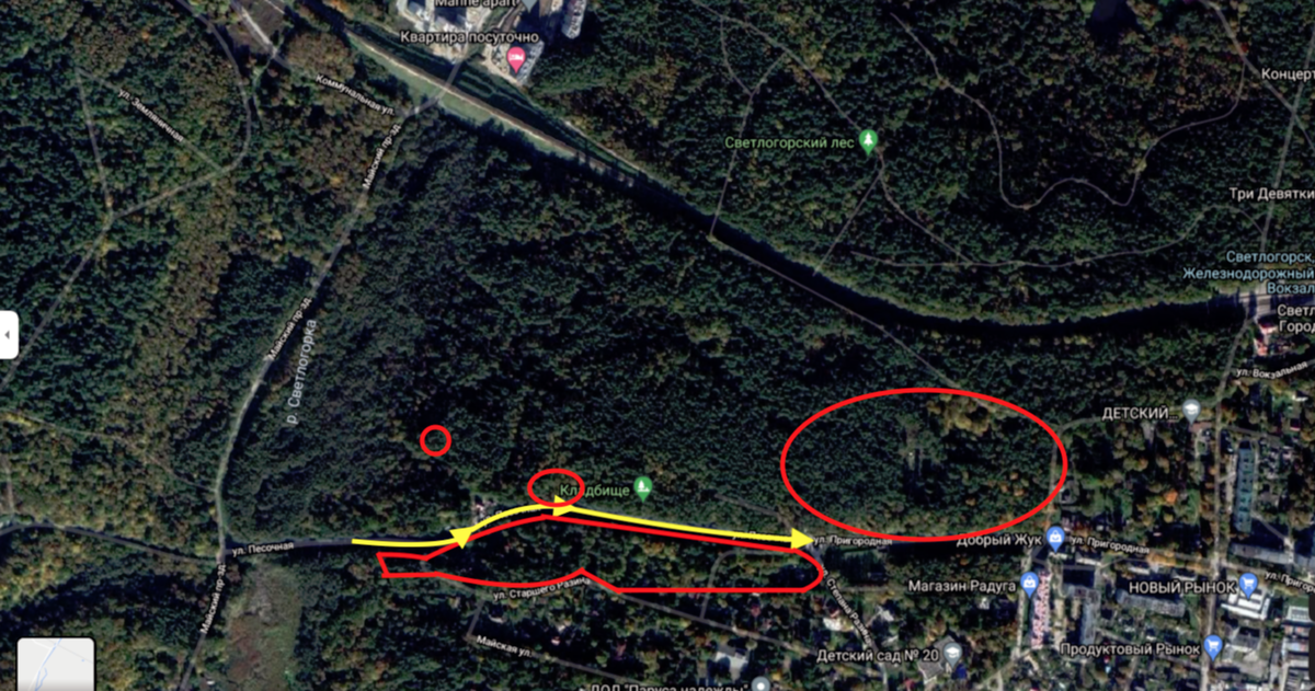 Свалки вокруг кладбища, немного в лесу. А вот, что за красное поле от дороги, об этом дальше. 