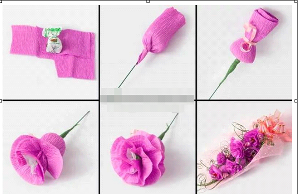 Вариант из гофрированной бумаги 
Для изготовления красивой конфетно-цветочной композиции подготовьте:
⦁	Фиолетовую гофрированную бумагу
⦁	Зеленый скотч
⦁	Толстую проволоку
⦁	Зеленые и розовые ленты для упаковки
⦁	Декоративную бумагу
⦁	Сладости
⦁	Ножницы
⦁	Клей
