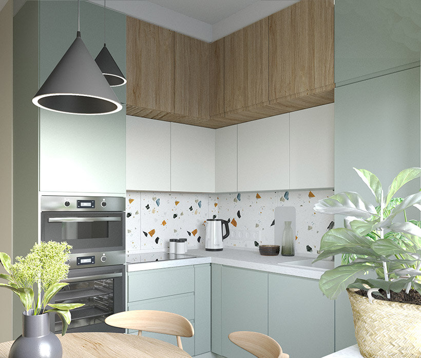 кухонный фасад с белой плиткой в стиле тераццо
