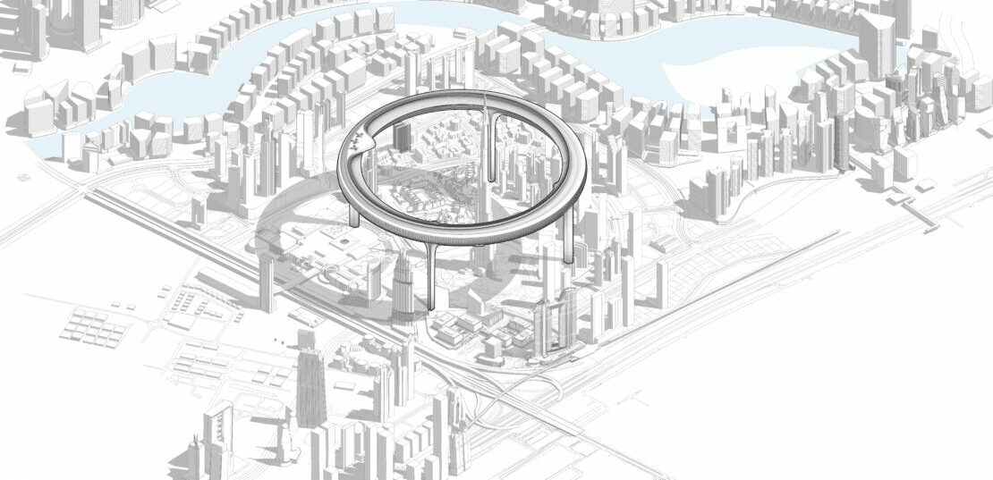 В Znera Space мыслят широко и глобально, они уже разрабатывали инновационный концепт 100 метровых зданий для очистки воздуха от смога нанофильтрами в центре индийского города Дели. А недавно предложили амбициозный концепт "Downtown Circle" для расширения жизненного пространства в центре мегаполиса Дубая (более 3 млн. населения). Кольцо будет расположено на высоте 550 метров, а из центра небоскреба будет выглядывать та самая Бурдж-Халифа (высота 828 метров).