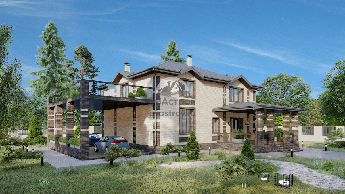 Проект двухэтажного дома 332 м2 из кирпича с навесом, вторым светом и террасой - 107-74