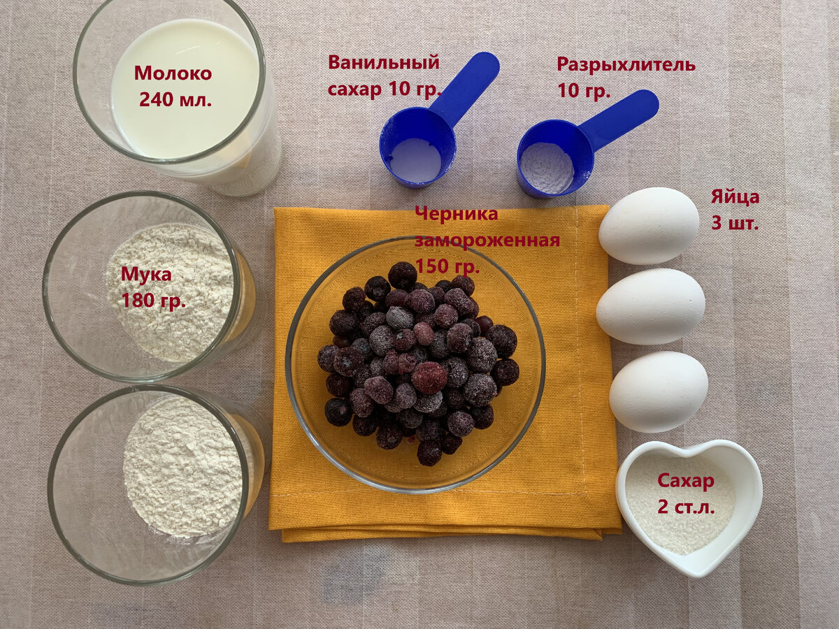 Молоко 240 мл.; ванильный сахар 10 гр.; разрыхлитель 10 гр.; мука 180 гр.; замороженная черника 150 гр.; яйца 3 шт.; сахар 2 ст.л.