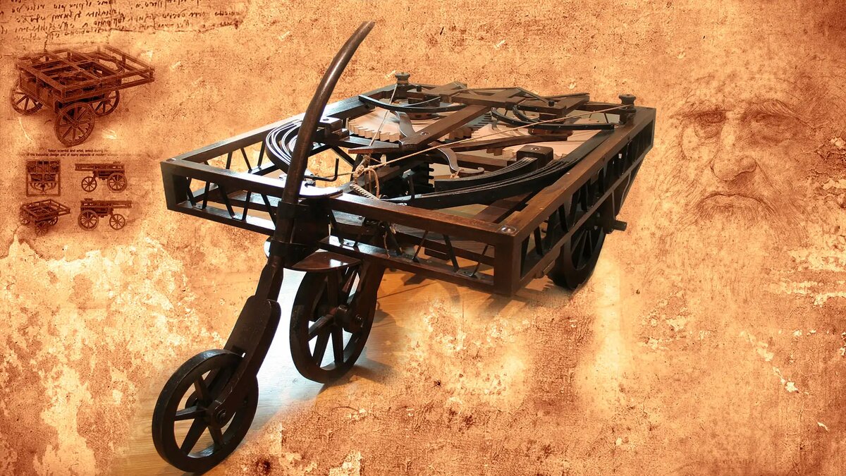 Эта машина Леонардо да Винчи является своего рода предшественником автомобилей. Шестерни, соединенные с колесами, приводятся в движение за счет энергии, накопленной в арбалетах. © Crochet.david, CC by-sa 3.0 / Futura
