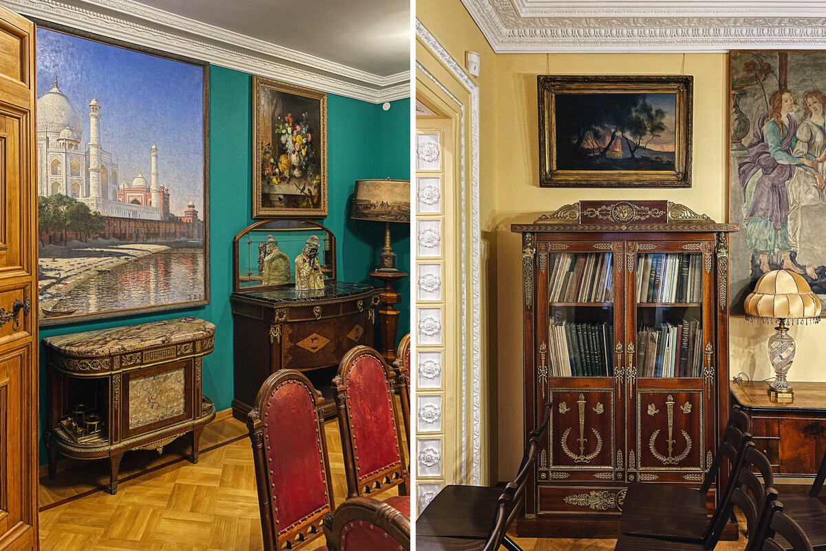 Слева столовая с картиной Василия Верещагина «Мавзолей Тадж-Махал на закате солнца», справа гостиная 