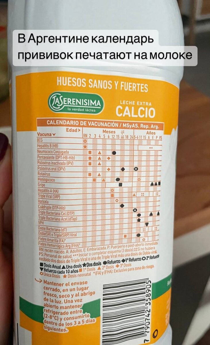 Календарь прививок Аргентины на пачке молока