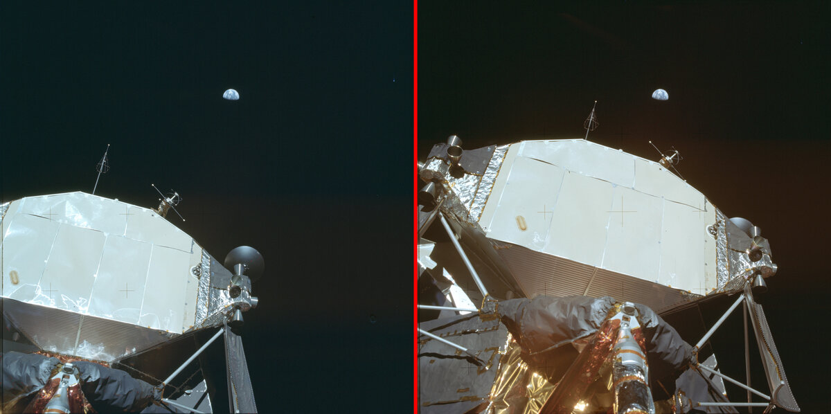 Фотографии AS11-40-5923 и AS11-40-5924 с Землёй на фоне лунного модуля.