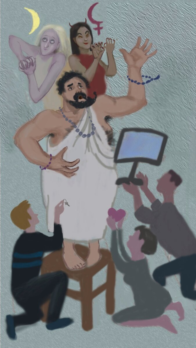 Рисунок автора. Обаятельный гуру ввел в духовный экстаз своих неофитов, которые от избытка чувств одаривают своего кумира дарами.